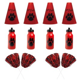 Anderson's Exclusive Red and Black Paw Pride Shaker Pom Poms Megaphone Noisemaker Water Bottle Set School Spirit Cheerleader Sports Fan Football Homecoming Squad Team Party Dance Club Pack of 12