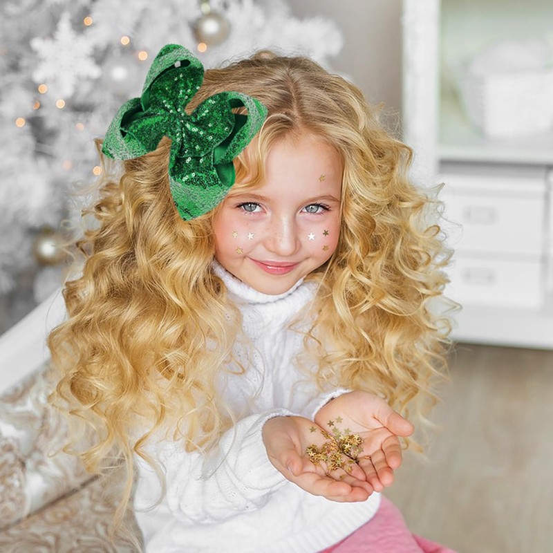 AMYDECOR 8 Inch Green Sparkly Glitter Sequin Hair Bows for