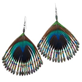 Beaded Iridescent Peacock Feather French Wires Earrings