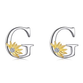 Sterling Silver Initial Alphabet Letter Script Name Earrings Sunflower Initial Studs for Women Girls (Initial G)