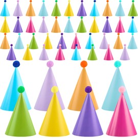 Rcanedny 48 Pcs Colorful Party Cone Hats Rainbow Birthday Party Hats with Pom Poms Paper Cone Hats for Birthday Christmas New Year Party Favor, 8 Colors