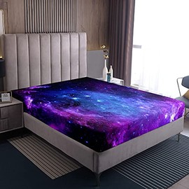 Loussiesd Blue Purple Galaxy Bed Sheet 90 x 200 cm for Children Starry Sky Fitted Sheet Space Universe Cosmos Non-Slip Soft Microfibre Teenagers Fitted Sheet Milky Way Galaxy