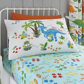 Happy Linen Company Girls Boys Kids Dinky Dinosaurs Blue Double Fitted Sheet Bedding