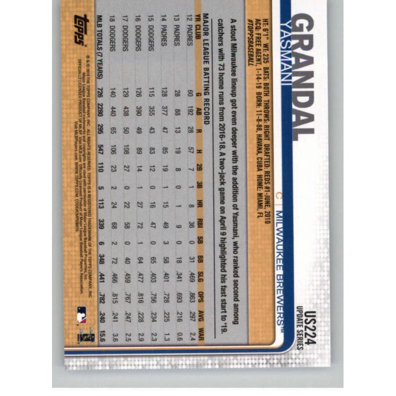 2019 Topps Update #US224 Yasmani Grandal NM-MT+ Brewers J2M