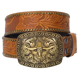 WOWOGO Western Cowboy Cowgirl Belt for Men and Women Engraved Floral Longhorn Bull Cow Skull Buckle Belt