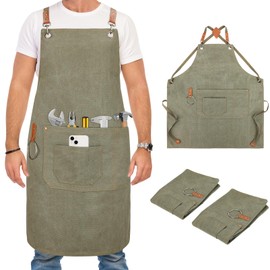 SAN LIKE Woodworking Apron for Men Chef Aprons for Men with Large Pockets Durable Waxed Canvas Heavy Duty Wood Working Apron Adjustable Size S to XXL (Green, 2 packs)