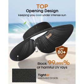 FURTALK Sun Visor Hats for Women Beach Hat Ponytail Summer UPF 80+ Beach Vacation Essentials Packable Wide Brim Black