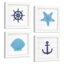Fangoo 4Pack Nautical Hanging Ornament Decoration Ocean Theme Decoration Coastal 3D Wall Art with Starfish Seashell Anchor and Ship Wheel Rustic Coastal Bathroom Decor for Home or Beach House