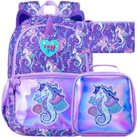 ZLYERT 3Pcs Backpack for Girls, 16.5" Seahorse Backpacks Set for Elementary Preschool Kindergarten, Kids School Bookbag with Lunch Box(Purple)