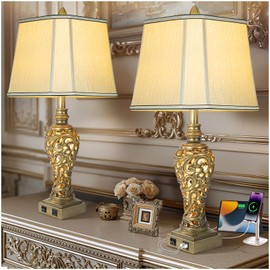 28.5'' Table Lamps Set of 2 for Living Room, Vintage Bedside Lamps with USB A+C Ports & Nightlight, Farmhouse Nightstand Lamps with Faux Silk Shade for Bedroom, Study Room, Office (LED Bulbs Included)