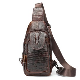 LUKZIJAES Genuine Leather Sling Bag for Men Crocodile Embossed Vintage Crossbody Shoulder Chest Pack Everyday Travel Backpack (#5-Coffee)