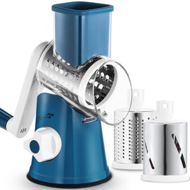 GDL Cheese Grater Rotary, Vegetable Slicer with 3 Interchangeable Drum Blades, Grater Kitchen Fast Cutting for Time Saving, Rotary Grater Suitable for Vegetable, Fruit, Nut, etc. Blue