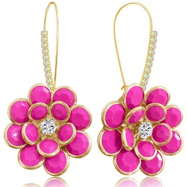 Ricarmo Bohemian Dainty Golden Bloom Lightweight Dangle Earrings Transparent Petals Aesthetic Rhinestone 14K Gold Floral Hoop Earrings for Women (Rose Pink)