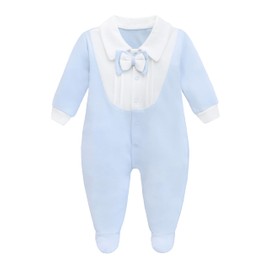 Lilax Baby Boy Gentleman Tuxedo Footie, Christmas Holiday Outfit with Bow Tie, Formal Wedding Long Sleeve Rompers (Blue,0-3 Months)
