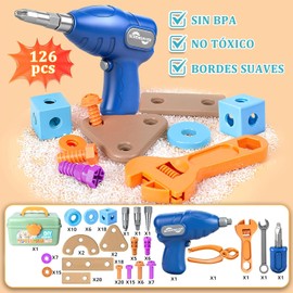 126 Pcs Juego de Herramientas para Niños con Taladro de Juguete, Caja de Herramientas y Kit Montessori de Construcción DIY, Regalo Educativo para Niños de 3 a 6 Años