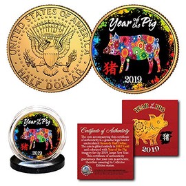 2019 Lunar New Year of The Pig 24K Gold Plated JFK Half Dollar Coin Polychrome