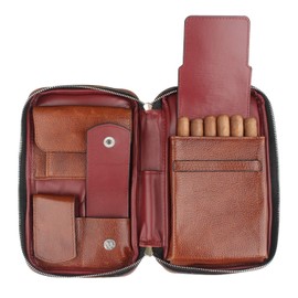 FIREDOG Cigar Pouch, Genuine Leather Travel Portable Cigar Case Box (Holds 5-6 Cigars,Brown-Red)