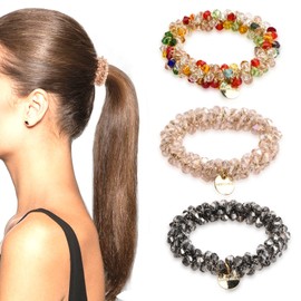 Laughhe Pack of 3 Hair Bobbles with Beads, Scrunchies Crystal Hair Bobbles Women's Elastic Hair Bands, Ponytail Hair Accessories Hair Scrunchies for Women and Girls