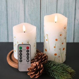 Eywamage White Floral Flameless Pillar Candles with Remote, Flickering Battery Operated Daisy LED Candles Set of 2