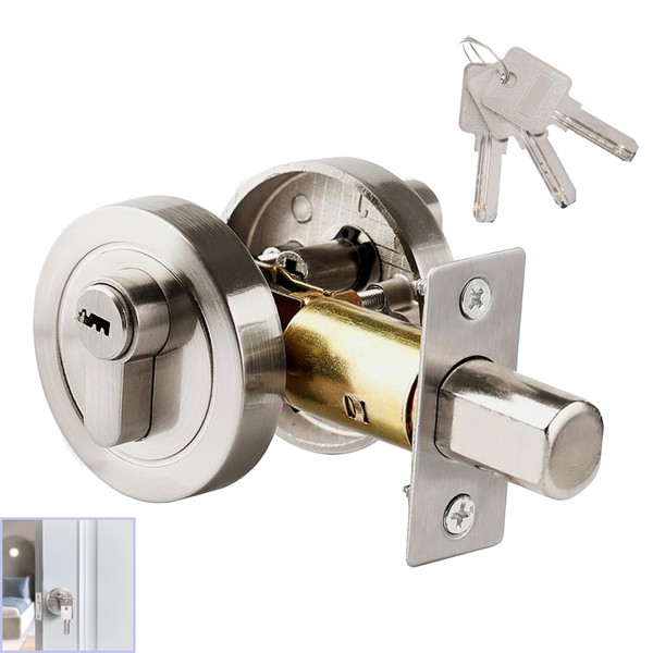 Single Cylinder Deadbolt, Round Deadbolt Lock, Zinc Alloy Door Locks with Keys, Invisible Modern Door Locks for 35-50mm Front Door, Entrance Door, Passage Door, Bedroom Door (Silver)