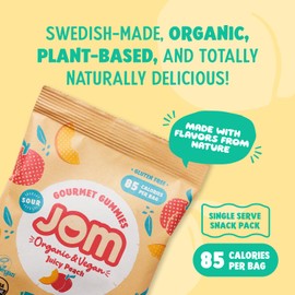 JOM Swedish Candy - Organic Sour Peach Gummies – Low Calorie Candy Pack, Vegan, Gluten Free, Allergy Friendly Treat – Better-For-You Snacks – 0.9 oz Single Serve Packs (6 Count)