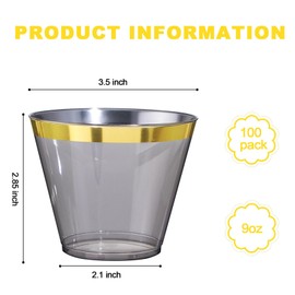 Superrnal 100pcs Gold and Black Plastic Cups 9OZ Elegant Gold Rimmed Plastic Cups Clear Party Cups Fancy Disposable Wedding Cups for Family Gatherings, Afternoon Tea, Parties