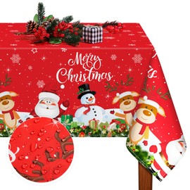 Tiamon Fabric Christmas Tablecloth Table Cover for Rectangle Table, Washable Snowman Santa Claus Table Cloth Decorations for Xmas Winter Holiday Party Supplies (Red,52 x 70 Inch)