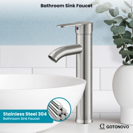 gotonovo Vessel Sink Faucet Modern Bathroom Faucet 1 Hole Deck Mount Lavatory Vanity Single Handle Mixer Tap with Water Supply Hoses and ABS Pop Up Drain Without Overflow, Brushed Nickel