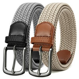 CHAOREN Mens Belt 2Pack - Mens Stretchable Braided Woven Golf Belt 1 3/8"- Elastic Canvas Fit Casual Jeans Pants