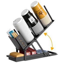 RCHYFEED Cup and Lid Holder with Straw Holder, Coffee Station Organizer for Countertop, Coffee Cup Holder Cup Dispenser for Coffee Bar Accessories, Disposable Paper Cups, Plastic Cups, Lids, Black