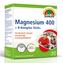 SUNLIFE Magnesium 400 mg + B-Complex Sticks I 1 x 20 Pieces I Peach Passion Fruit I High Dose Mineral Powder for Muscles & Nerves I Complex Powder for Energy & Everyday Use I Vegan Direct Sticks