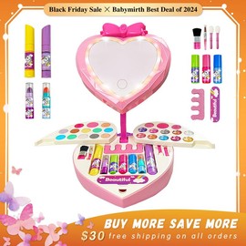 Heart-Shaped Glowing Makeup Kit with Lights Girls Toys for Toddlers, Washable Pretend Play Makeup Toys Set for Princess Dress Up with Nail Art Pen & Mirror, Birthday Gifts for Girls Kids - make up: Multi-layered Foldable Makeup Toys