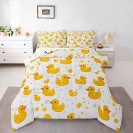 Erosebridal Cute Yellow Duck Queen Bedding Set,Kawaii Rubber Duck Comforter Set for Kids Girls Boys,Cartoon Animal Print Quilt Bed Set,Gifts for Pet Lovers Funny Duck Bed Comforter Set 3Pcs