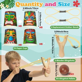 TICIAGA Summer Luau Tiki Stacking Cups Game Set with Toss Sling Shot for Party, Hawaiian Aloha Tiki Tropical Party Game, Summer Beach Birthday Accessories 2 Wooden Slingshot 24 Cup 50 Pellet & 2 Band