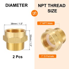 uxcell Brass Pipe Fitting, 1" G Female×1" NPT Male Brass Hex Nipple Pipe Fitting Connector, 1" to 1" Female Pipe Fitting Adapter with PTFE and Gaskets, Gold Tone