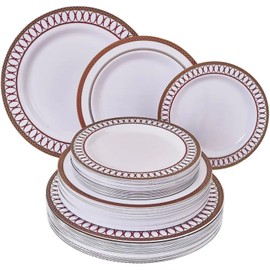 Renaissance Collection White with Red Rim Plastic Plates Combo Set - 10.25", 9", 7.5" (20 Each Set) - Perfect for Weddings, Birthday Parties & Special Occasions