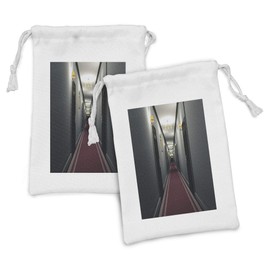 Ambesonne French Fabric Pouch Set of 2, Hotel Corridor Building Inside Classic French Interior Design Picture Art, Small Drawstring Bag for Toiletries Masks and Favors, 9" x 6", Grey Yellow