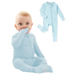 PATPAT Organic Cotton Baby Footie Pajamas with Two-Way Zipper & Fold-Over Mittens, Soft Stretchy Romper for Newborn Boy Girl, Basic Blue, 3-6 Months