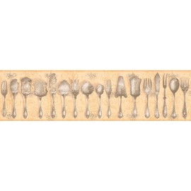 CONCORD WALLCOVERINGS ™ Wallpaper Border Vintage Pattern Cutlery Forks Spoons for Cottage Kitchen Dining Room, Yellow Beige Gray, 15 ft by 5 in KH5981B