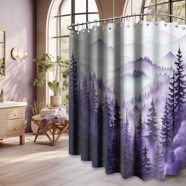 QGHOT Extra Wide Shower Curtain for Clawfoot Tub, 108x72 Inch, Purple Forest Nature Mountain Pattern Bathroom Decor, Waterproof Cloth Fabric with Hooks