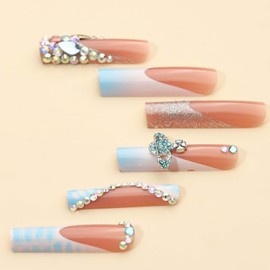 RUOKEXIN Long Square Press on Nails French Tip Fake Nails Blue Ombre False Nails with Rhinestones Designs Long Square Nail Press ons Glitter Glue on Nails Cute Stick on Nails for Women 24Pcs