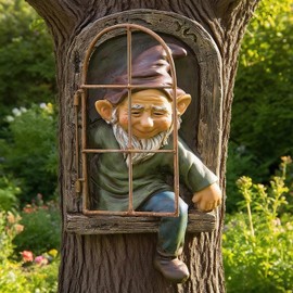 Teaeeno 12-inch Elf Out The Door Tree Hugger, Whimsical Old for Man Resin Statue with Foliage Features, Large Outdoor Tree Hugger for Yard Art, Trees Decorations Outdoor Wallmounted Statue