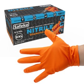 SAFEKO Diamond Grip Nitrile Gloves – Heavy Duty, Textured for Enhanced Grip, Disposable, Powder-Free, Orange, X-Large, Box of 100