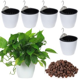DEELF OUTLET 5 Packs 7.3”Wall Hanging Self WAtering Planters Large Wall Mounted Plastic Plant Pots Wick Flower Pots for Indoor and Outdoor Wall Mounted Planters African Violet Pot Orchid Pots