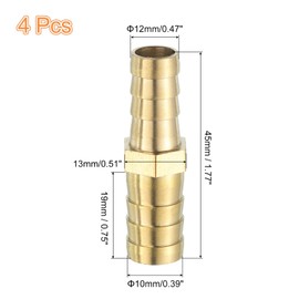 sourcing map 4 Pcs Brass Hose Barb Fitting Straight Connector Coupler, 1/2" x3/8" ID Brass Fitting Air Hose Fittings Reducer for Connecting Water Fuel Air, Oil Hoses