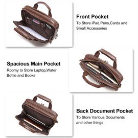 Bosidu Leather Briefcases for Men 15.6 Inch Laptop Messenger Bag with Triple Compartments Water-Resistant Computer Shoulder Bag for Business, Travel, Work, Office, Brown