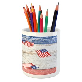 Lunarable 4th of July Pencil Pen Holder, USA Flags Forming a Pinwheel over Rustic Board Patriotic Theme, Printed Ceramic Pencil Pen Holder for Desk Office Accessory, Navy Blue White Vermilion