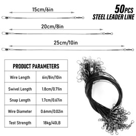 Alwonder 50PCS Fishing Leaders, Fish Line Stainless Steel Wire with Swivels Snap, High-Strength 40LB Hi-Low Rig Fishing Wire Leader Fishing Tackle Gear Connector for Lures Baits Rigs Hooks Black 6IN