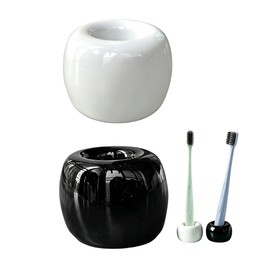 2 Pcs Mini Round Ceramic Toothbrush Holder (White+Black)