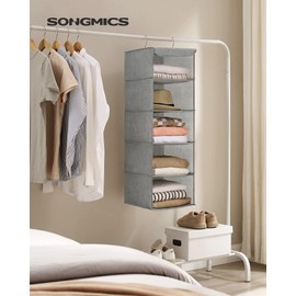 SONGMICS Hanging Closet Organizer, Hanging Storage Shelves, Hanging Closet Shelves, Space-Saving and Foldable, Metal Hooks and Bamboo Inserts, Light Gray URCH005W01